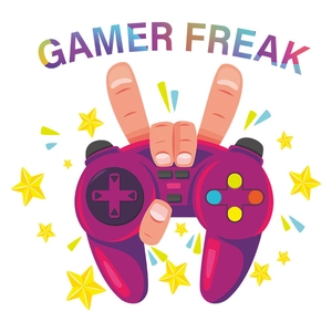 Detail of gamer sticker showing a purple controller and Gamer Freak graphic design