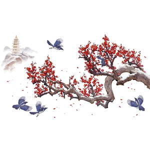 Detail of Chinese plum blossom wall sticker with magpies and snowy branches