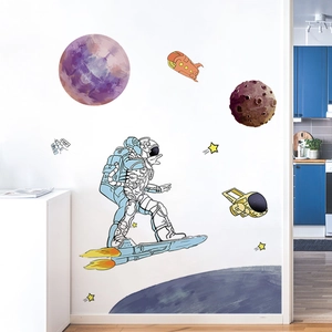 Cartoon astronaut and space planets wall stickers for kids bedroom background decor