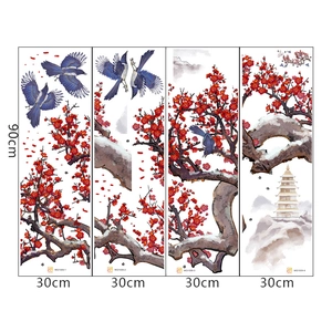 Detailed view of four plum blossom panels with magpies in traditional Chinese ink style