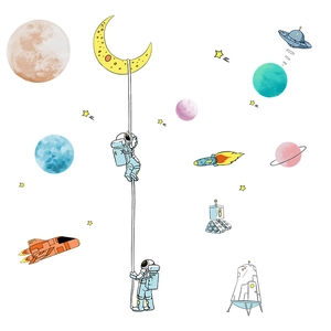 Detail von Astronauten-Wandstickern mit Mond, Planeten und Raketen für das Kinderzimmer
