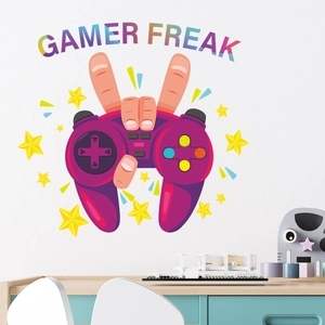Gamer Freak wall sticker with purple game controller and stars for boy's room decor
