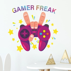 Gamer Freak wall sticker featuring a purple game controller and stars for kids' bedroom