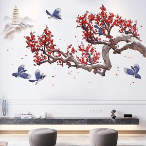 Classic Chinese ink plum blossom wall sticker with blue magpies and mountain scenery