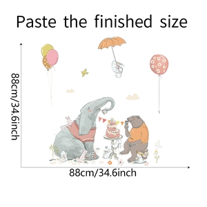 Cartoon animals wall sticker dimensions guide featuring elephant and bear for kids room