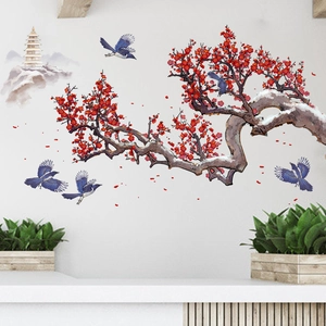 Chinese style plum blossom wall sticker with magpies and pagoda for living room decor
