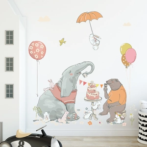 Cartoon animal wall stickers with elephant bear and balloons for kids bedroom decor