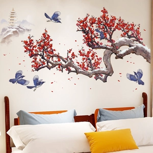 Traditional Chinese style wall sticker featuring red plum blossoms and magpies on a branch