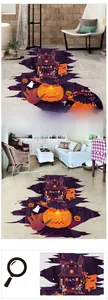 Detailed 3D Halloween floor decal featuring pumpkins, a castle, and bats in a deep abyss