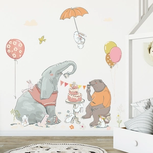 Cartoon wall decals featuring grey elephant, brown bear, and rabbits with birthday cake
