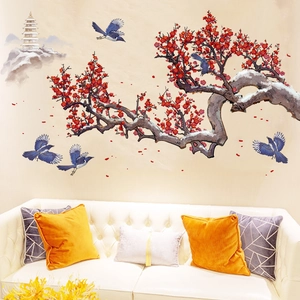 Large plum blossom wall sticker with magpies and pagoda in traditional Chinese ink style