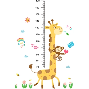 Detailed cartoon giraffe and monkey height chart wall sticker with sun and rainbow