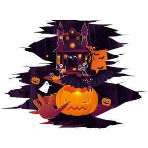 Detailed 3D Halloween wall sticker featuring pumpkin lanterns and a haunted castle scene