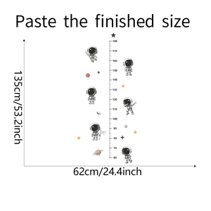 Detail showing cartoon astronaut height chart with dimensions 135x62cm for nursery wall