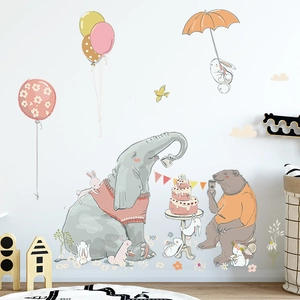Cartoon wall decal with elephant, bear, and birthday cake for kids bedroom decoration