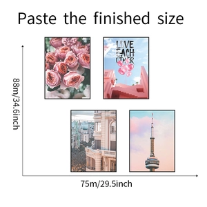 Dimensions détaillées pour stickers muraux de fleurs et architecture urbaine pour chambre