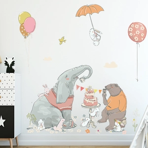 Cartoon Elephant Bear Cake Party Wall Stickers For Children's Bedroom PVC Removable Animal Wall Decals Home Decor