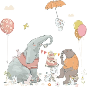 Cartoon elephant and bear wall stickers for kids bedroom decor featuring a forest cake party