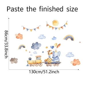 Detailed wall sticker layout showing dimensions of a watercolor animal train scene