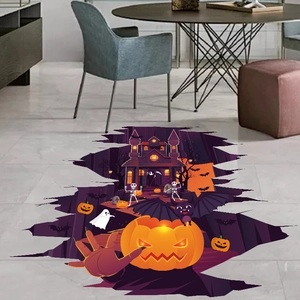 3D Halloween floor decal featuring glowing pumpkins, purple castle and flying bats