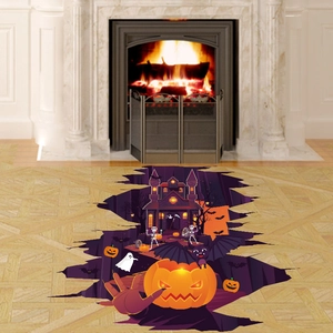 3D Halloween floor decal featuring haunted castle pumpkin and ghost for home decoration