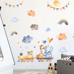 Detailed wall sticker layout featuring watercolor elephant, train, rainbow and clouds