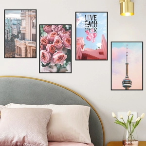 Lot de 4 tableaux muraux encadrés avec fleurs roses et architecture pour chambre