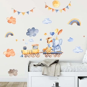 Watercolor cartoon elephant and giraffe train wall decals with rainbows for nursery decor