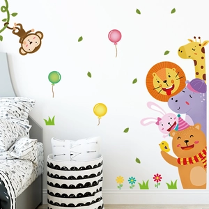 Cartoon forest animals wall decals featuring lion giraffe and monkey for nursery room decor