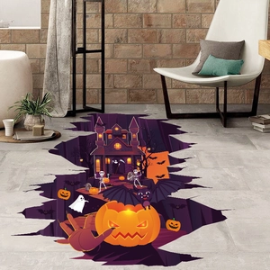 3D Halloween floor decal featuring purple castle pumpkin and bats for home decoration
