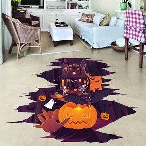 3D Halloween floor decal featuring glowing pumpkins, skulls and castle for home decor