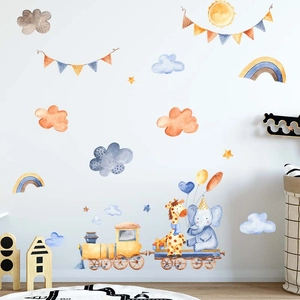 Cartoon train wall decals with elephant and deer for nursery and kids room decoration