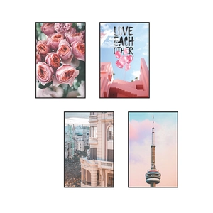 Lot de tableaux décoratifs modernes fleurs et architecture urbaine tons rose pastel