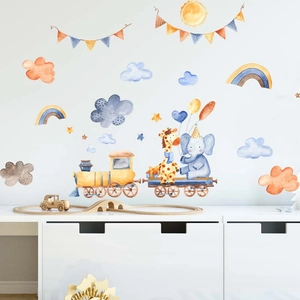 Watercolor train wall decal with elephant and giraffe for nursery and kids room decor