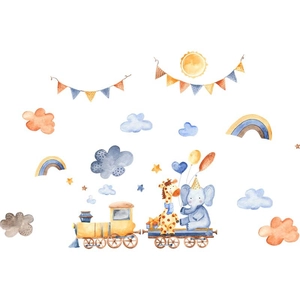 Cartoon elephant and deer train wall stickers with rainbows and clouds for kids' room