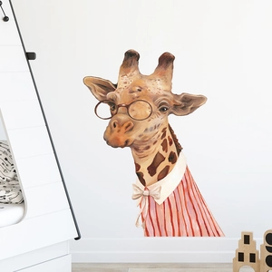 Cartoon giraffe wall sticker with glasses and red striped shirt for nursery decor