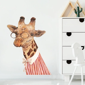 Cartoon giraffe wall sticker with tie and glasses for children room cabinet decor