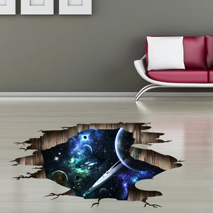 Sticker de sol 3D réaliste galaxie spatiale montrant des planètes sous le plancher bois