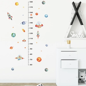 Cartoon space themed height growth chart wall sticker with rockets and planets