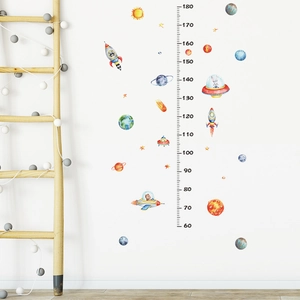 Cartoon space rocket planet height growth chart wall sticker for kids bedroom decor