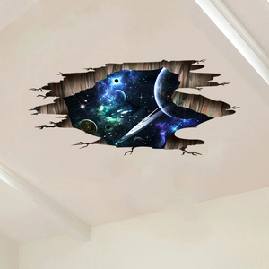 Détail du sticker plafond 3D galaxie avec planète spatiale et effet de fissure cosmique