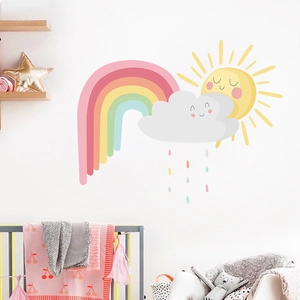 Rainbow and smiling clouds wall stickers in pastel colors for a cozy nursery decoration