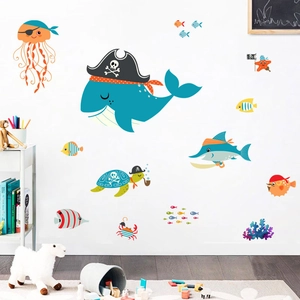 Cartoon pirate ocean wall decals featuring blue whale and sea animals for kids room