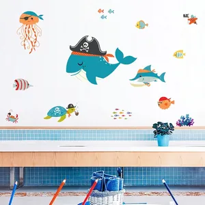 Cartoon Pirate Whale Ocean Wall Stickers PVC Waterproof Marine Animal Wall Decals For Bathroom Kids Room Home Decoration