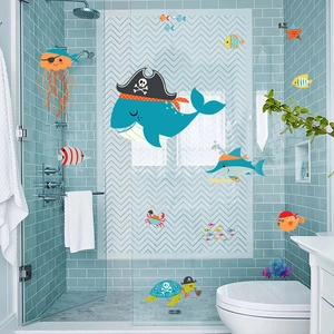 Cartoon pirate whale ocean wall stickers for bathroom with sea animals in PVC