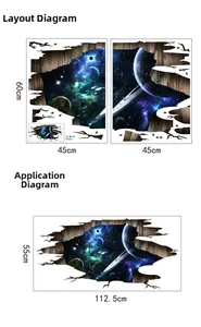 Sticker mural 3D espace et galaxie montrant les dimensions et l'effet final de pose