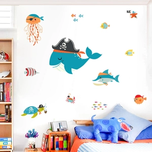 Cartoon whale pirate sea wall stickers for kids bathroom and aquarium decor