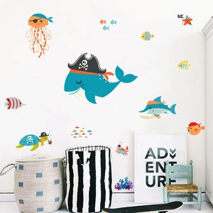 Cartoon pirate whale and sea creature wall stickers for kids nursery and bathroom decor