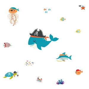 Detail showing colorful cartoon whale pirate and ocean creature wall stickers