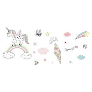 Detail of macaron-colored unicorn, rainbow and cloud wall decals for kids bedroom decor